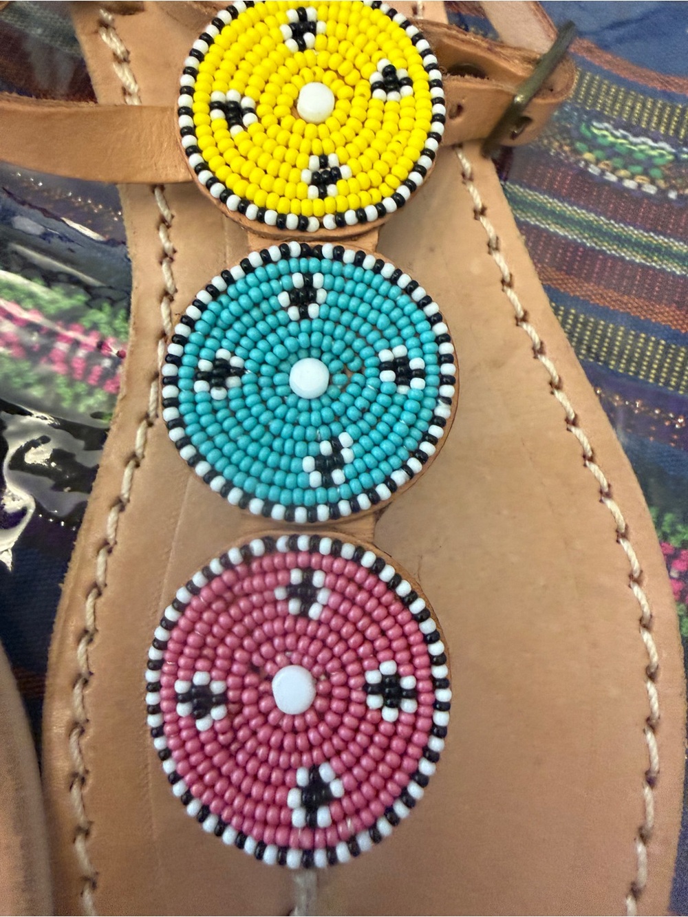 Laidback London Women's Beaded Leather Thong Sandals in Yellow/Turquoise/Pink - Picture 5 of 5